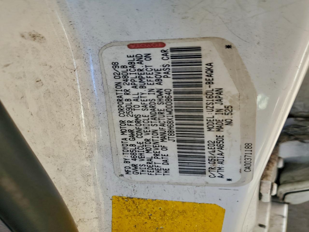 1998 Lexus Gs 400 VIN: JT8BH68X1W0008640 Lot: 95172035