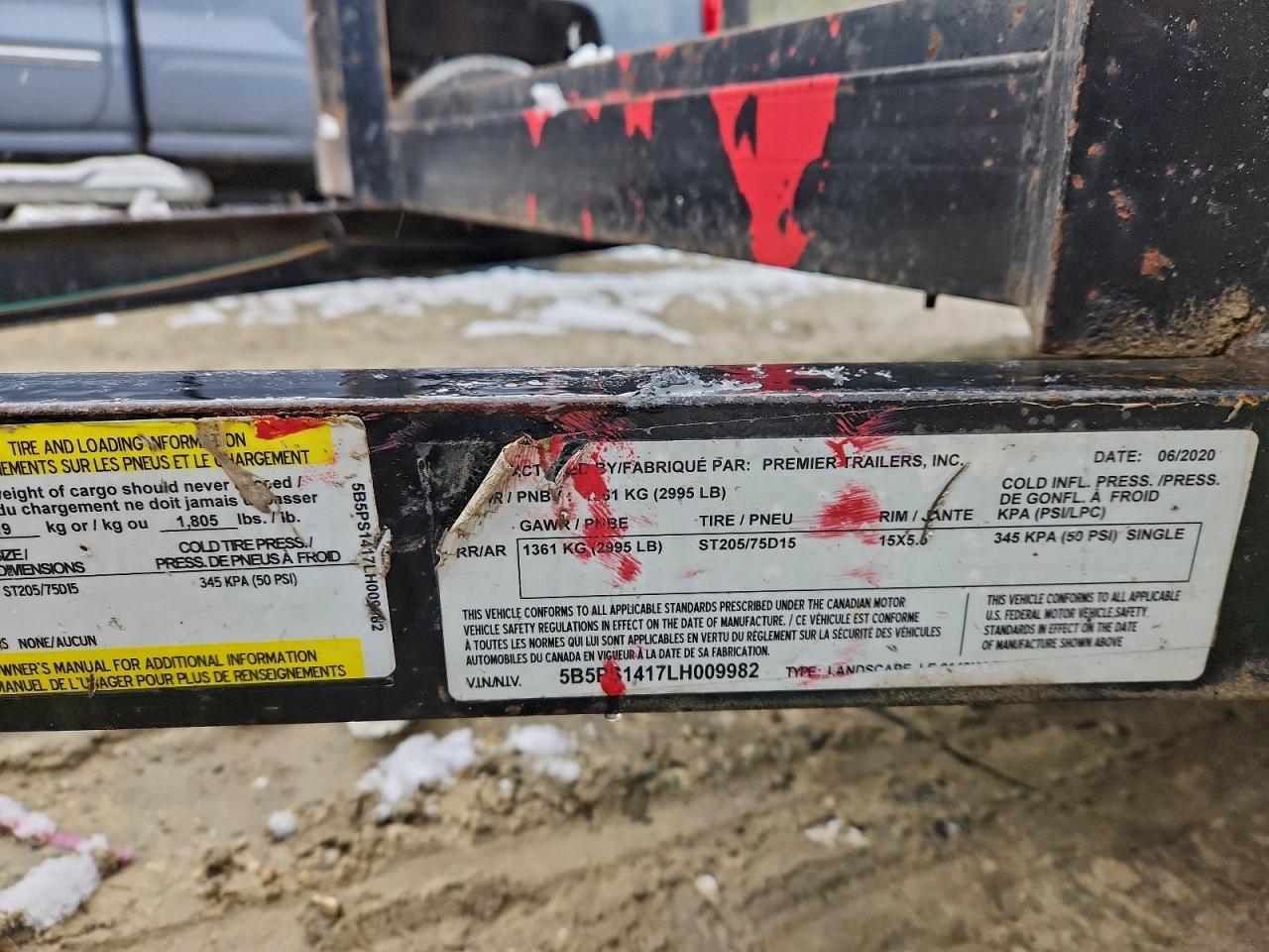 2020 Premier Utility Trailer VIN: 5B5PS1417LH009982 Lot: 95452325