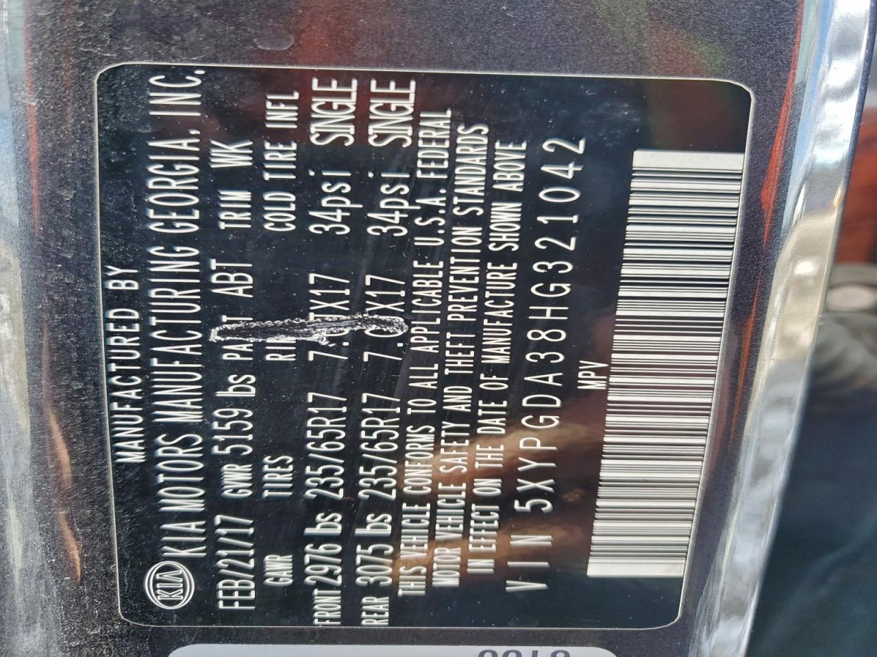 2017 Kia Sorento Lx VIN: 5XYPGDA38HG321042 Lot: 96587195