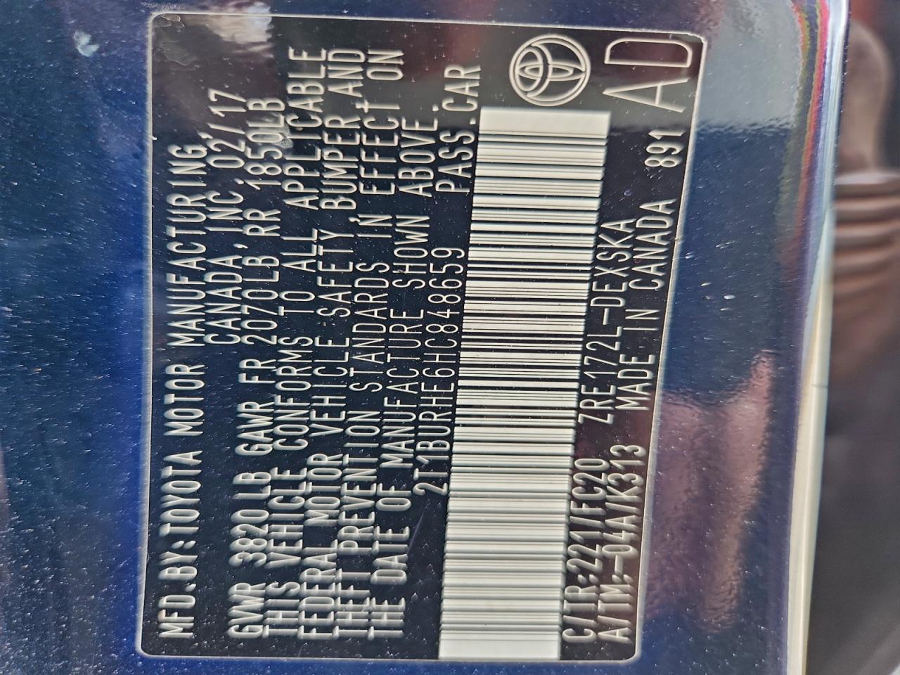 2017 Toyota Corolla L VIN: 2T1BURHE6HC848659 Lot: 95113115