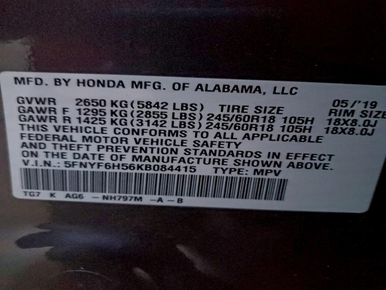 2019 Honda Pilot Exl VIN: 5FNYF6H56KB084415 Lot: 94431075