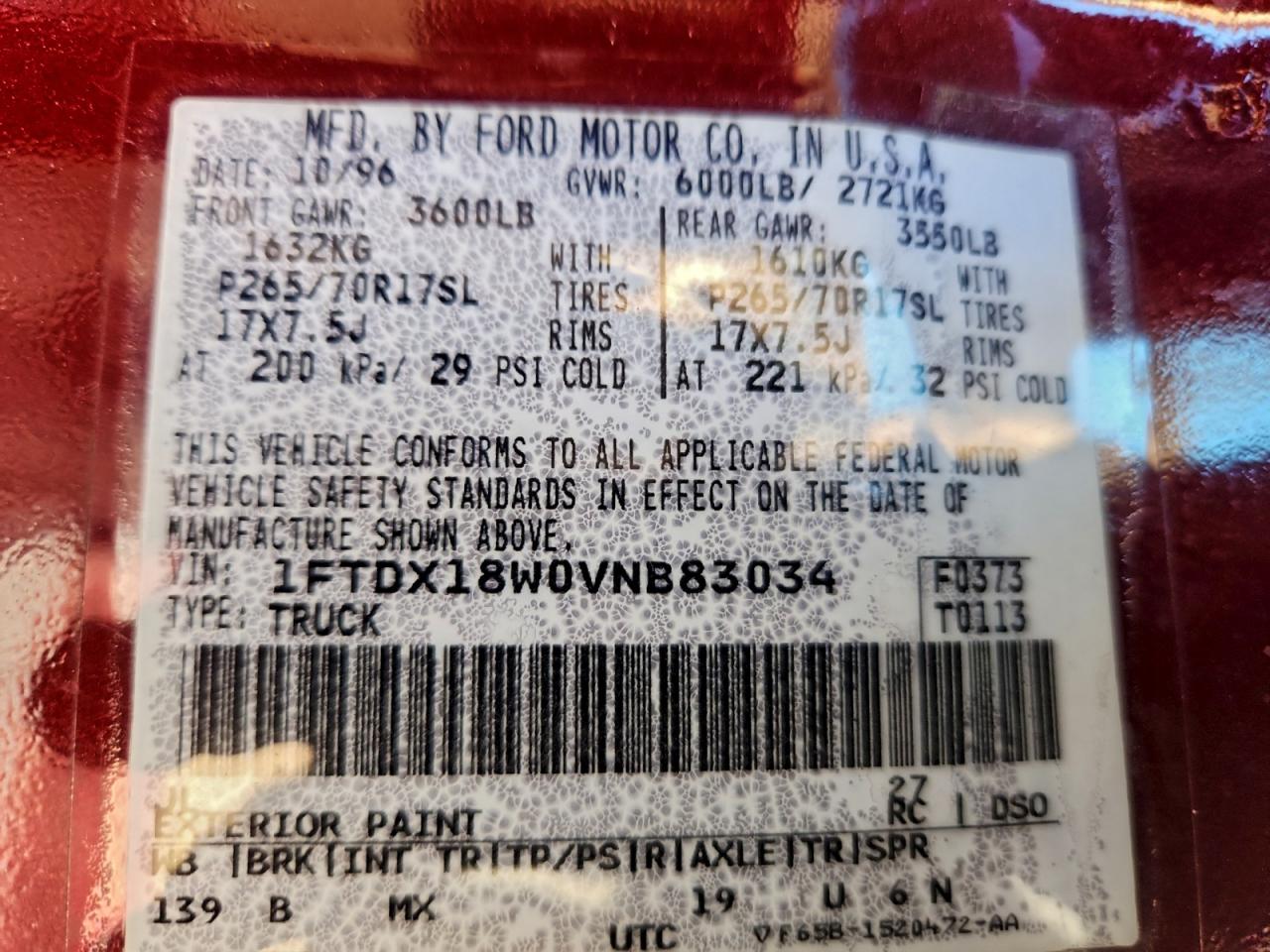 1997 Ford F150 VIN: 1FTDX18W0VNB83034 Lot: 95285895