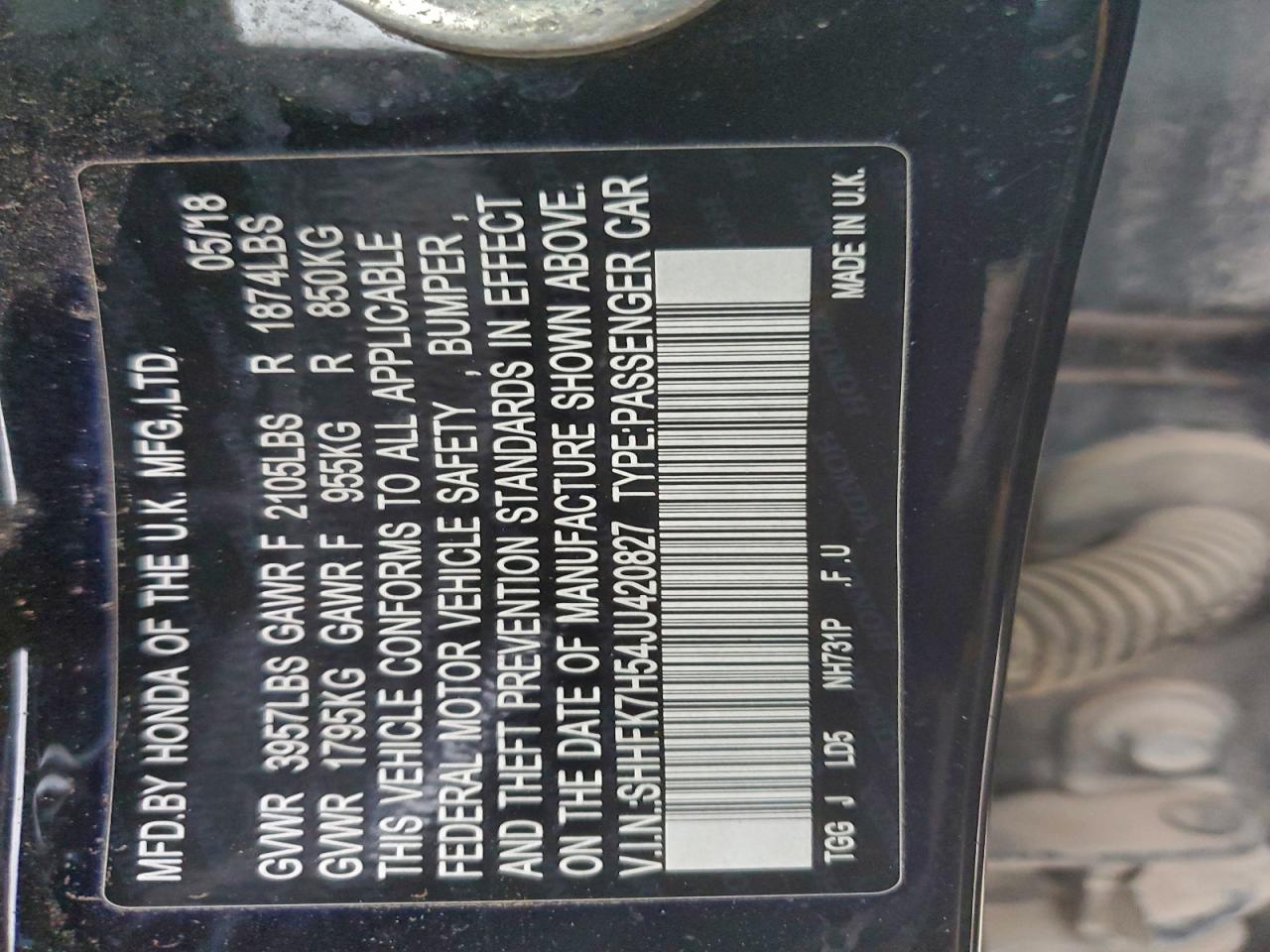 2018 Honda Civic Ex VIN: SHHFK7H54JU420827 Lot: 94389805