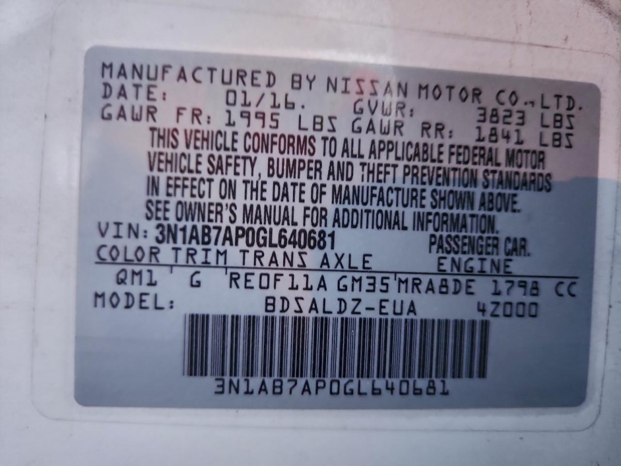 2016 Nissan Sentra S VIN: 3N1AB7AP0GL640681 Lot: 95760535