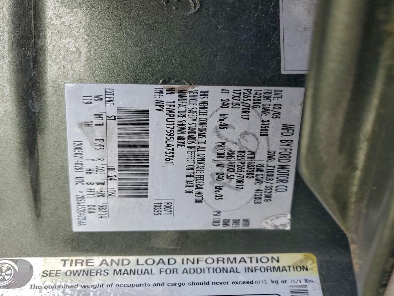 2005 Ford Expedition Eddie Bauer VIN: 1FMPU17595LA75761 Lot: 94346565