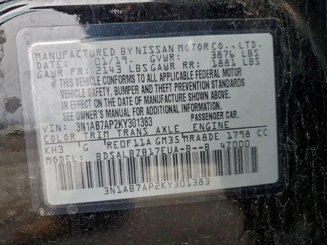 2019 Nissan Sentra S VIN: 3N1AB7AP2KY301383 Lot: 96078355