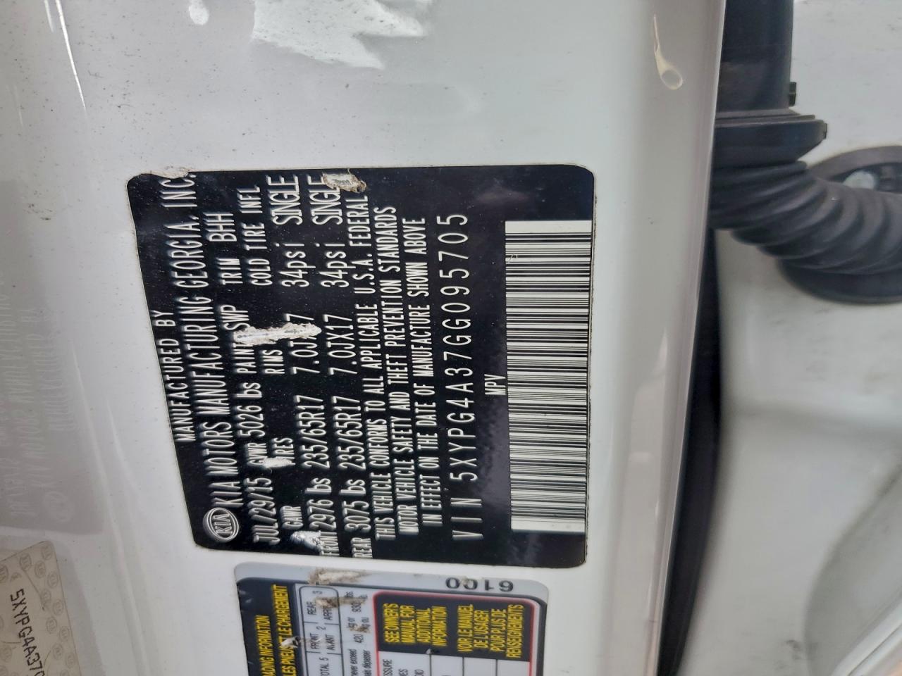 2016 Kia Sorento Lx VIN: 5XYPG4A37GG095705 Lot: 94986285