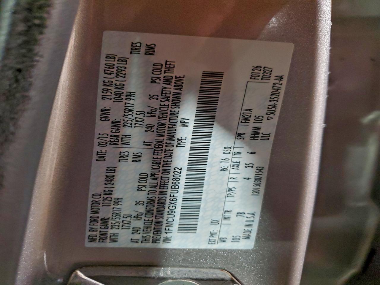 2015 Ford Escape Se VIN: 1FMCU9GX6FUB68022 Lot: 96783535