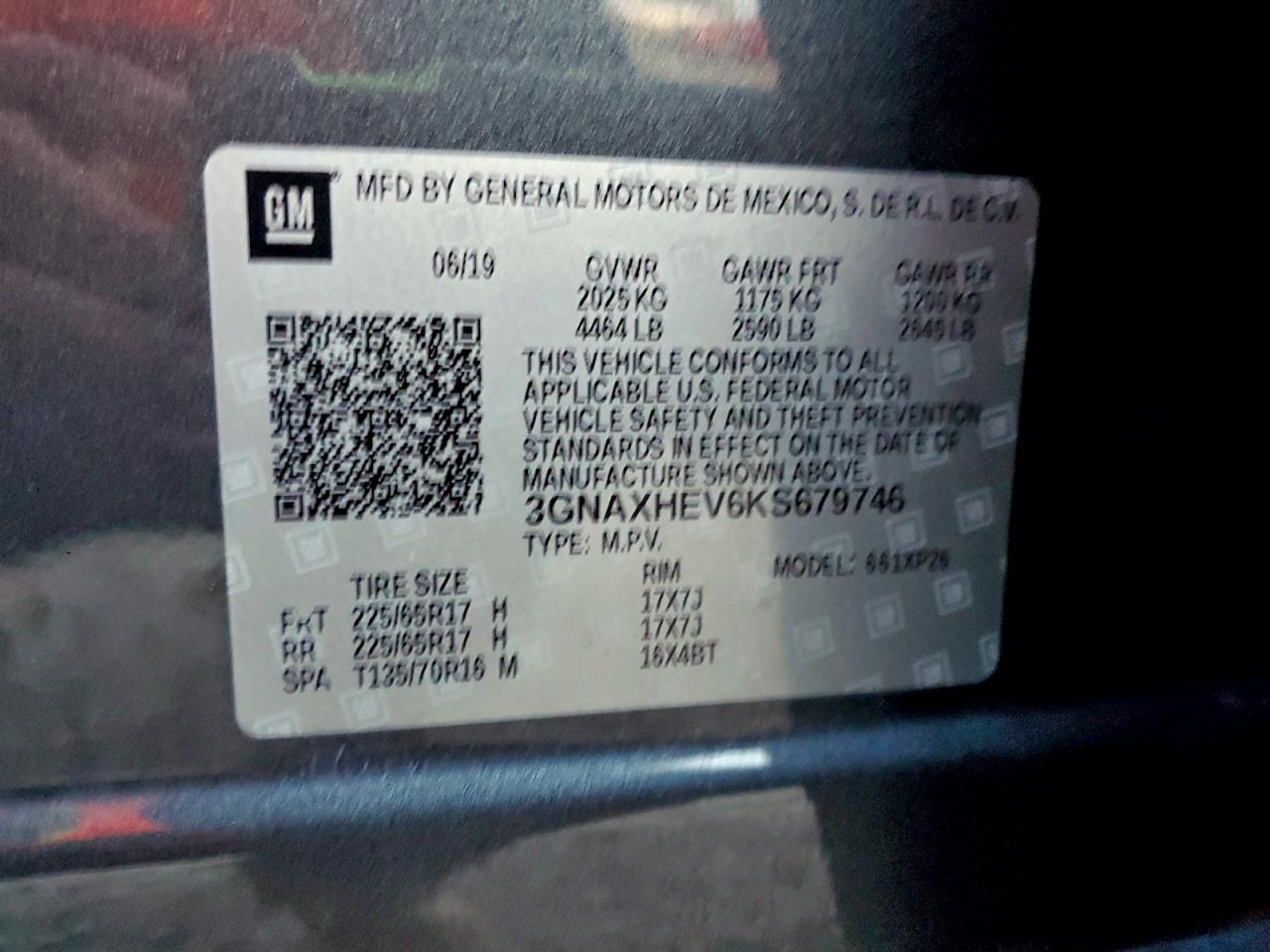 2019 Chevrolet Equinox Ls VIN: 3GNAXHEV6KS679746 Lot: 95476155