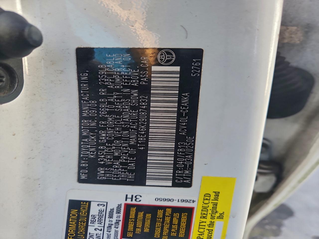 2009 Toyota Camry Base VIN: 4T1BE46K29U874832 Lot: 95722285