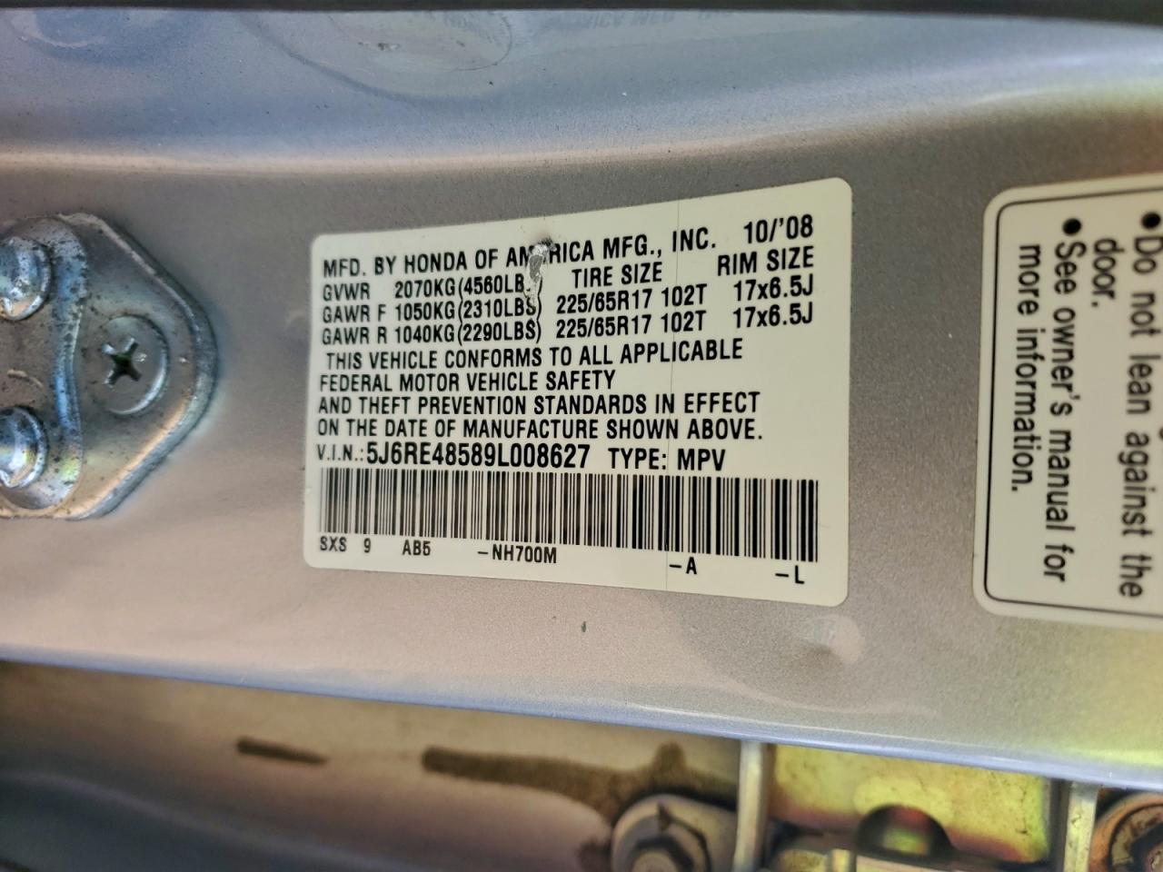 2009 Honda Cr-V Ex VIN: 5J6RE48589L008627 Lot: 95620145