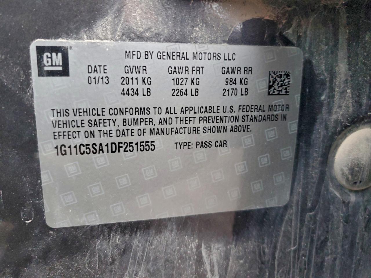 2013 Chevrolet Malibu 1Lt VIN: 1G11C5SA1DF251555 Lot: 93941005