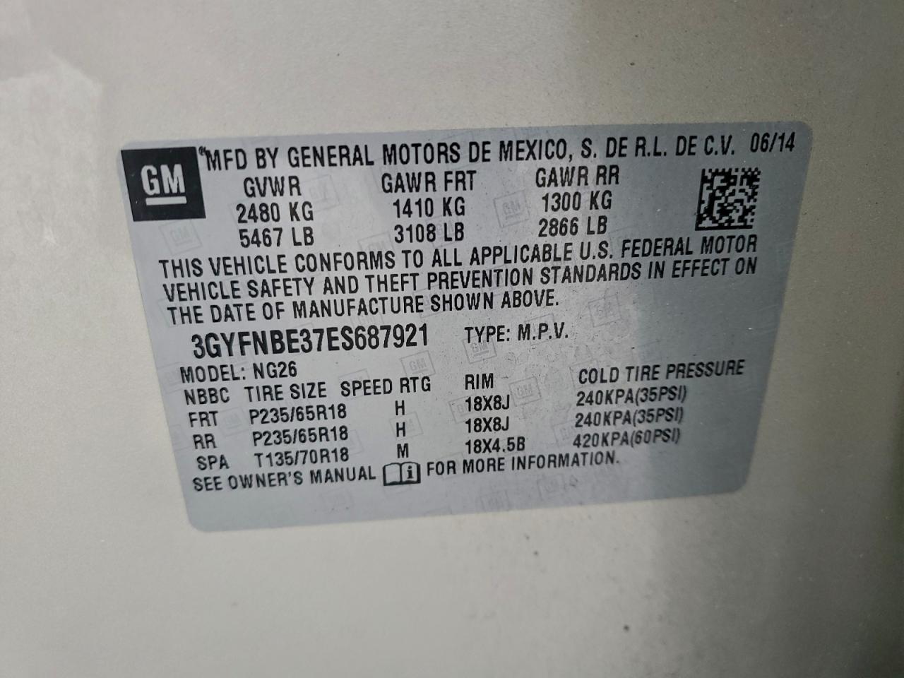 2014 Cadillac Srx Luxury Collection VIN: 3GYFNBE37ES687921 Lot: 94429155