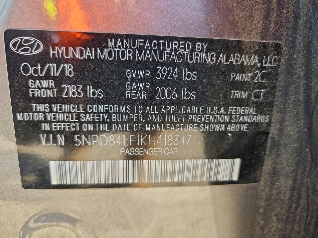 2019 Hyundai Elantra Sel VIN: 5NPD84LF1KH418347 Lot: 98146195