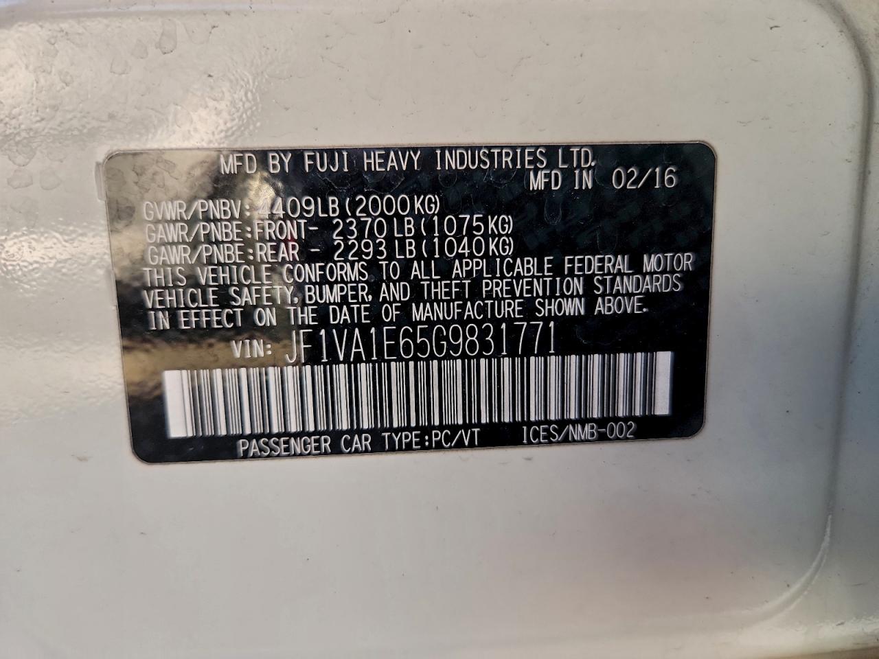 2016 Subaru Wrx Premium VIN: JF1VA1E65G9831771 Lot: 95799605