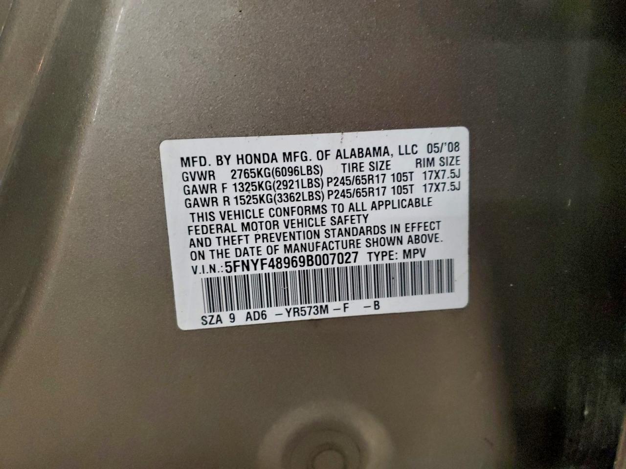 2009 Honda Pilot Touring VIN: 5FNYF48969B007027 Lot: 96806695