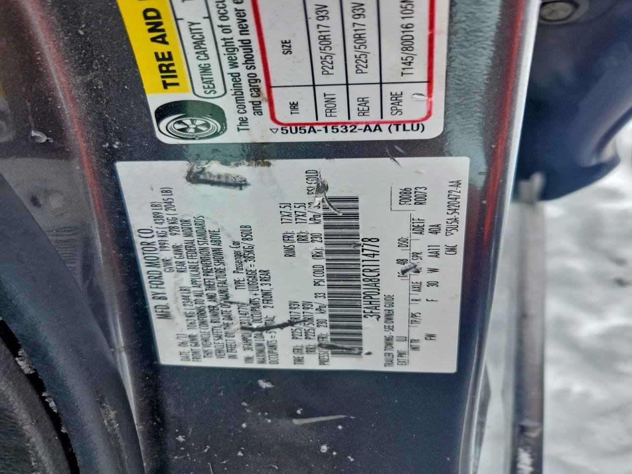 2012 Ford Fusion Sel VIN: 3FAHP0JA8CR114778 Lot: 94517205