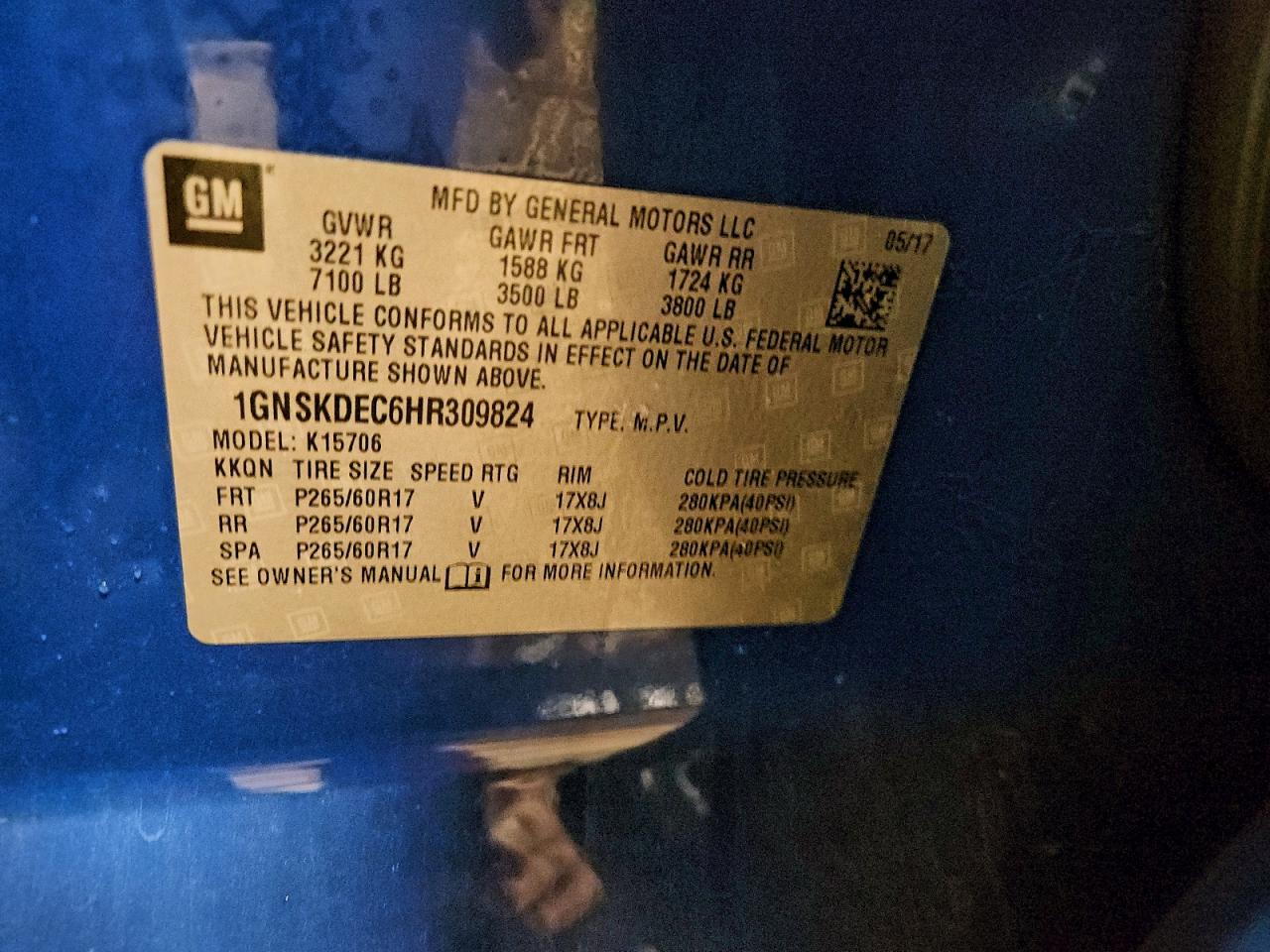 2017 Chevrolet Tahoe Police VIN: 1GNSKDEC6HR309824 Lot: 95713715