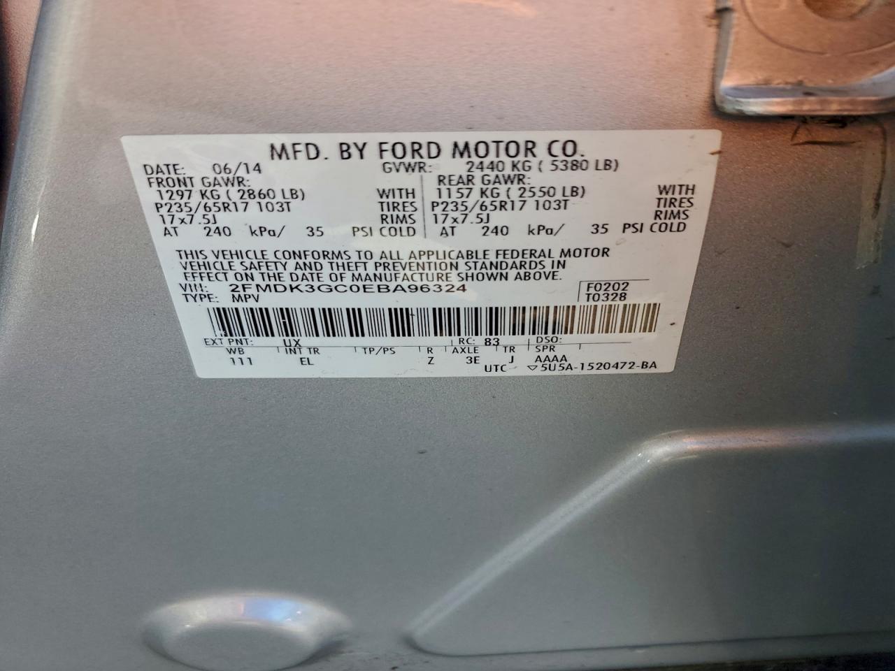 2014 Ford Edge Se VIN: 2FMDK3GC0EBA96324 Lot: 96365185