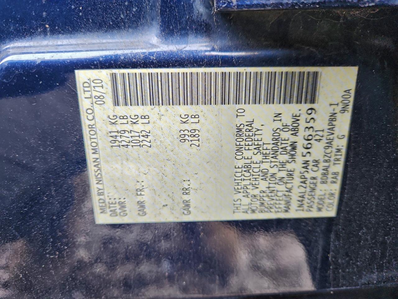 2010 Nissan Altima Base VIN: 1N4AL2AP5AN566359 Lot: 96198455