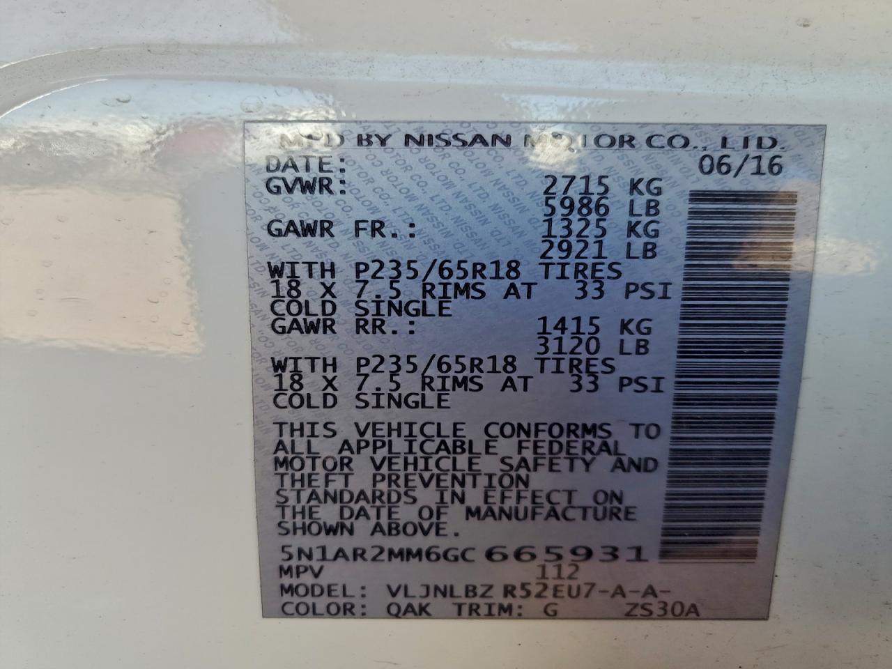 2016 Nissan Pathfinder S VIN: 5N1AR2MM6GC665931 Lot: 95036355