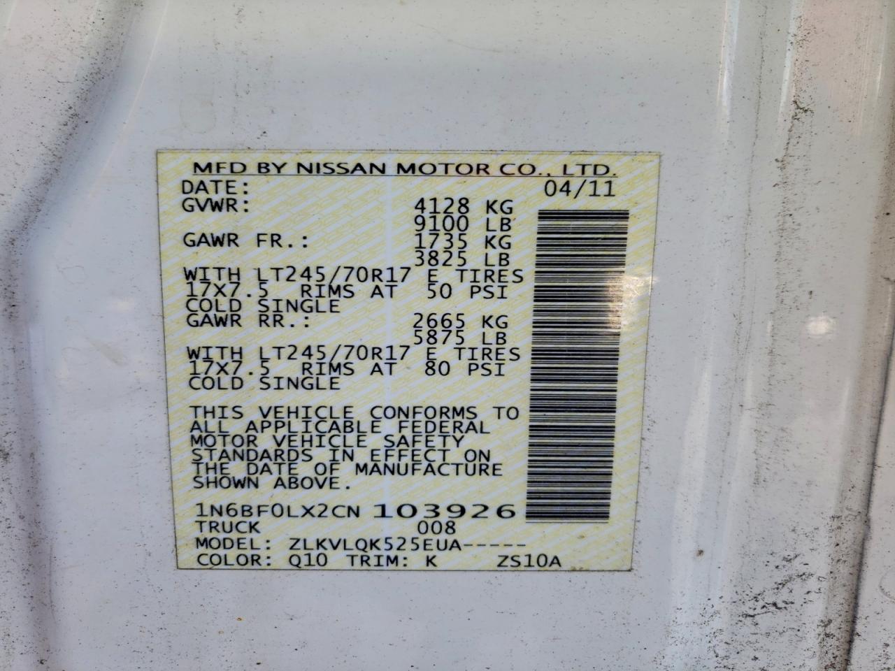 2012 Nissan Nv 2500 Delivery Van VIN: 1N6BF0LX2CN103926 Lot: 95277515