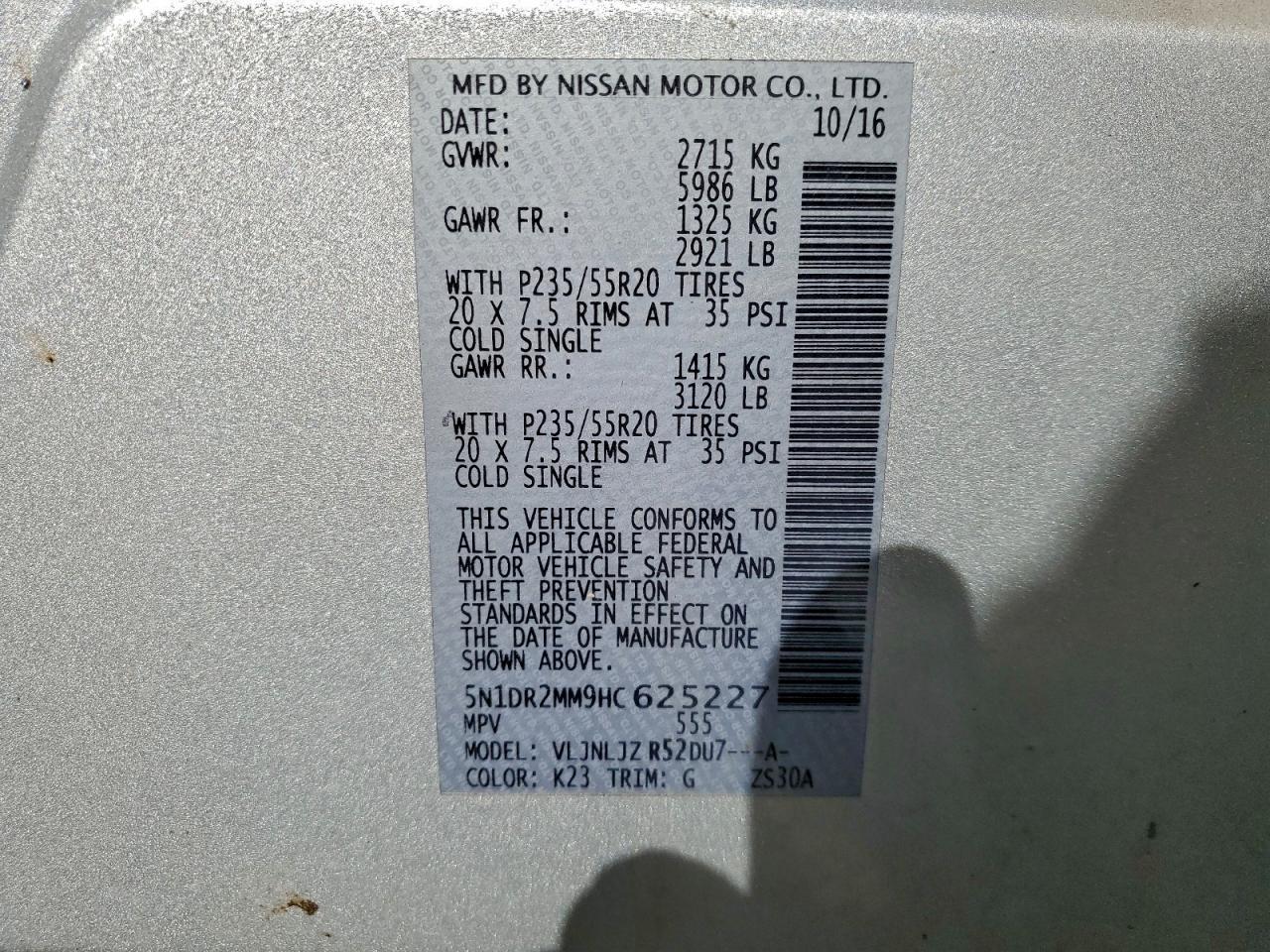 2017 Nissan Pathfinder S VIN: 5N1DR2MM9HC625227 Lot: 96629205