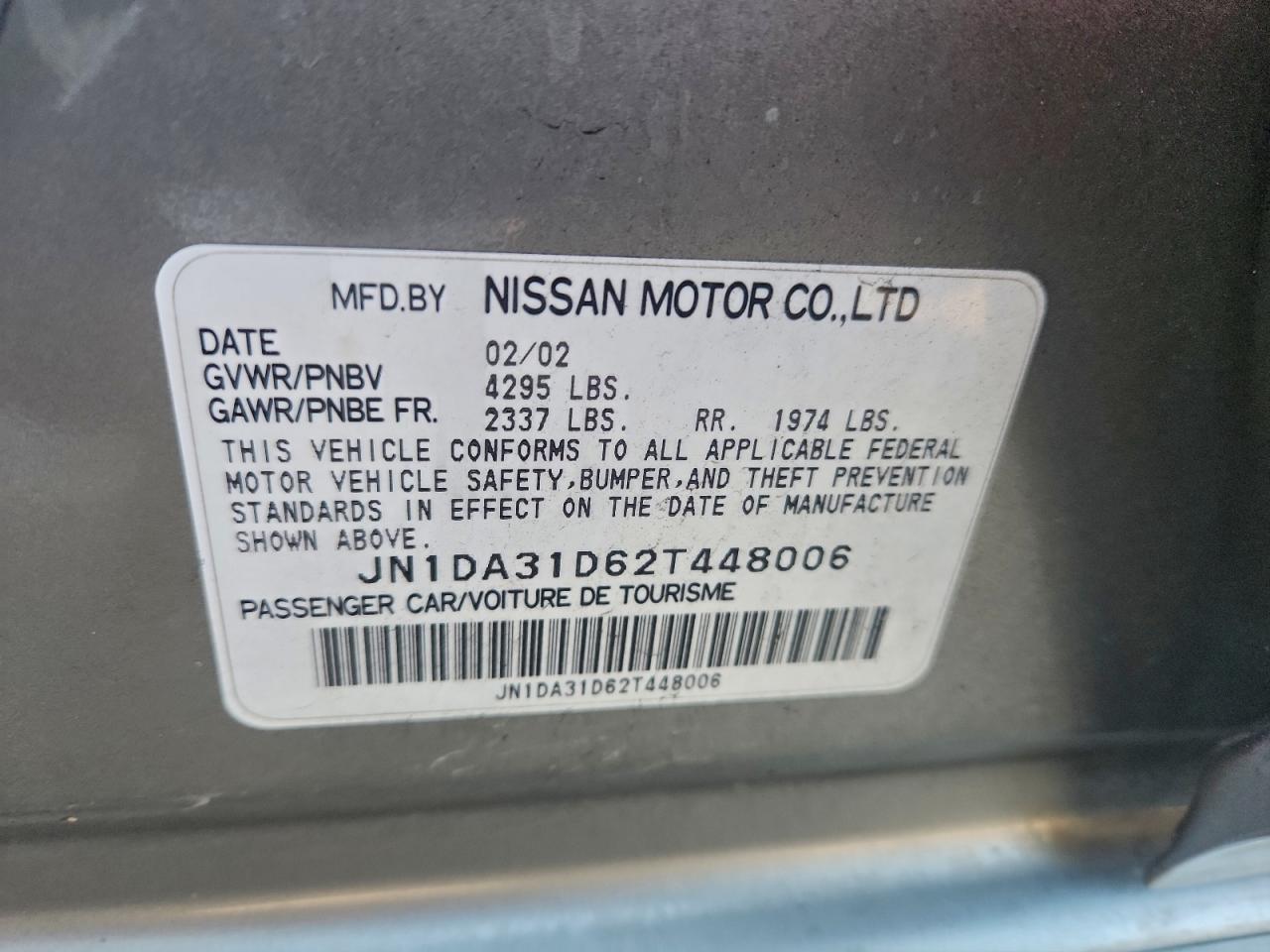 2002 Nissan Maxima Gle VIN: JN1DA31D62T448006 Lot: 95555385