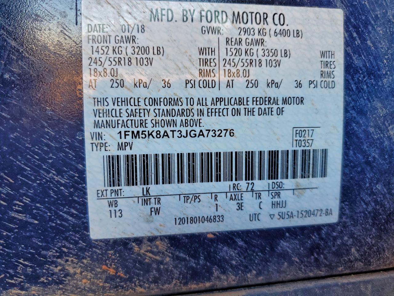 2018 Ford Explorer Police Interceptor VIN: 1FM5K8AT3JGA73276 Lot: 96232145