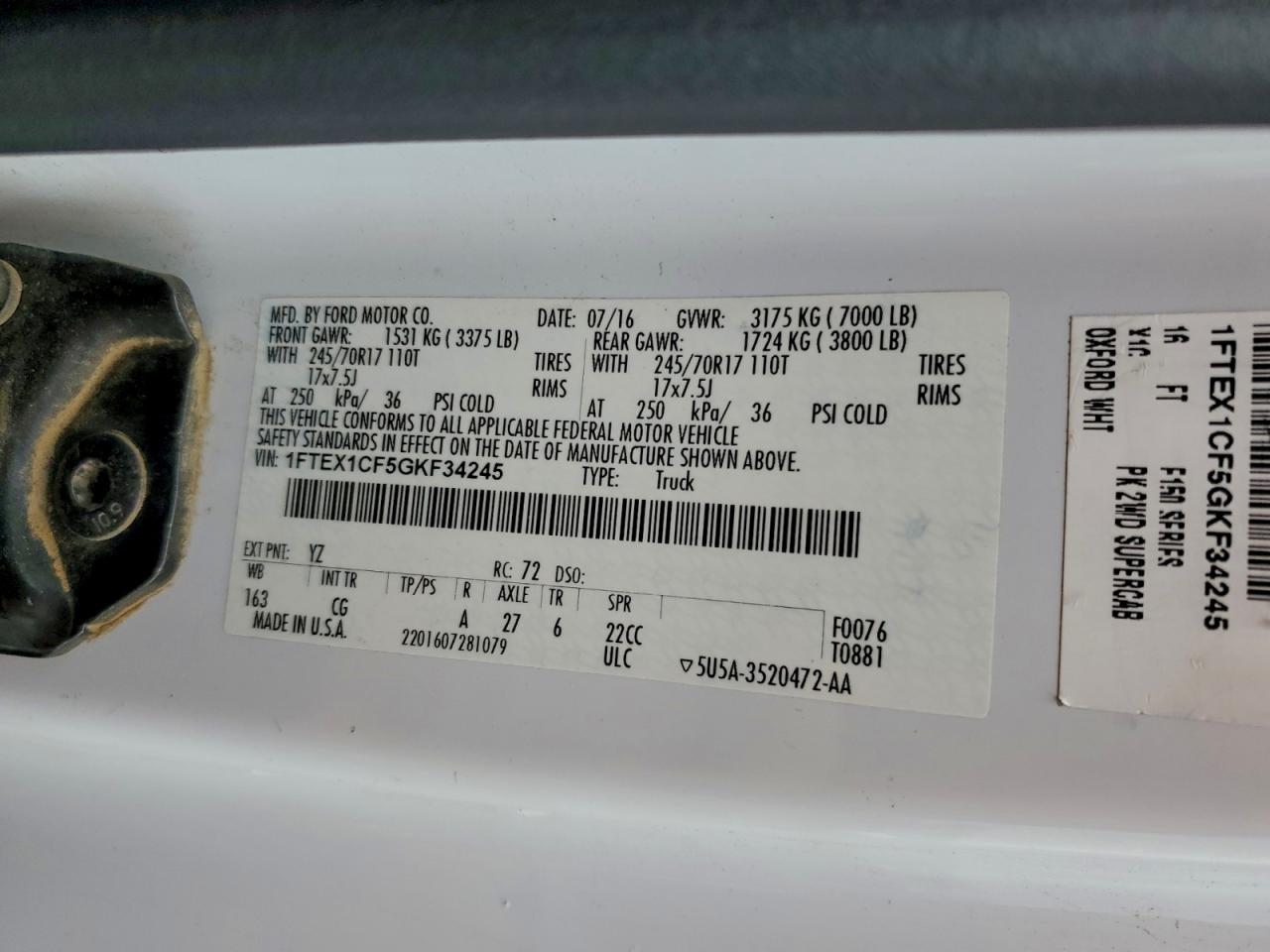 2016 Ford F150 Super Cab VIN: 1FTEX1CF5GKF34245 Lot: 93344395