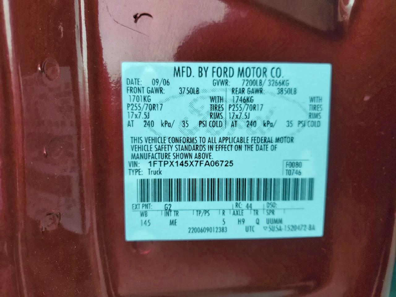 2007 Ford F150 VIN: 1FTPX12V77NA85554 Lot: 96036635