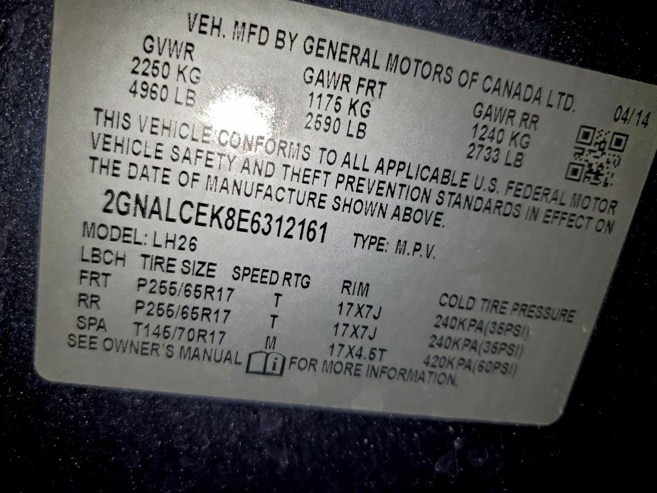 2014 Chevrolet Equinox Lt VIN: 2GNALCEK8E6312161 Lot: 94830535