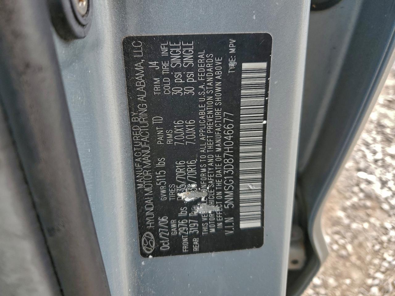 2007 Hyundai Santa Fe Gls VIN: 5NMSG13D87H046677 Lot: 95608965