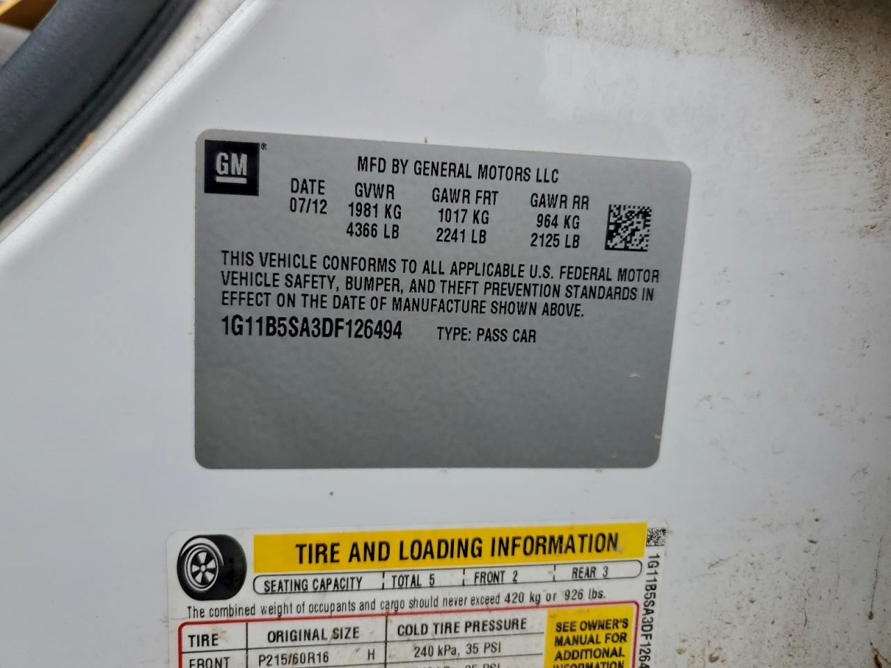 2013 Chevrolet Malibu Ls VIN: 1G11B5SA3DF126494 Lot: 96197755