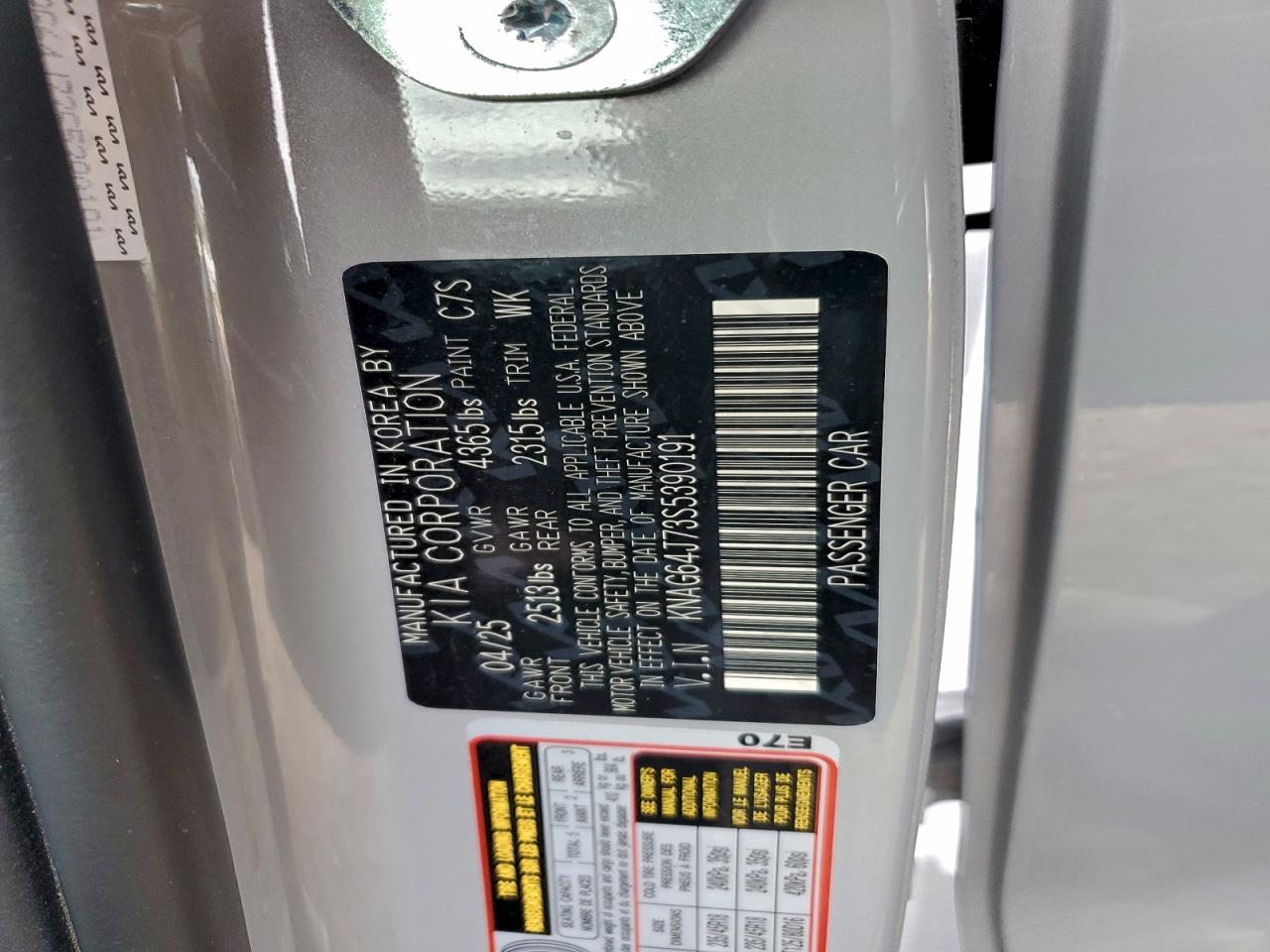 2025 Kia K5 Gt Line VIN: KNAG64J73S5390191 Lot: 95551995