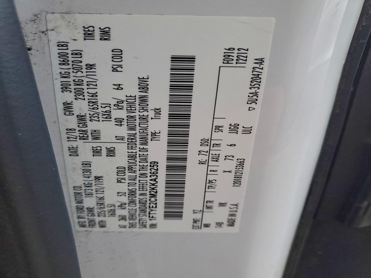 2019 Ford Transit T-150 VIN: 1FTYE2CM2KKA36259 Lot: 95196225