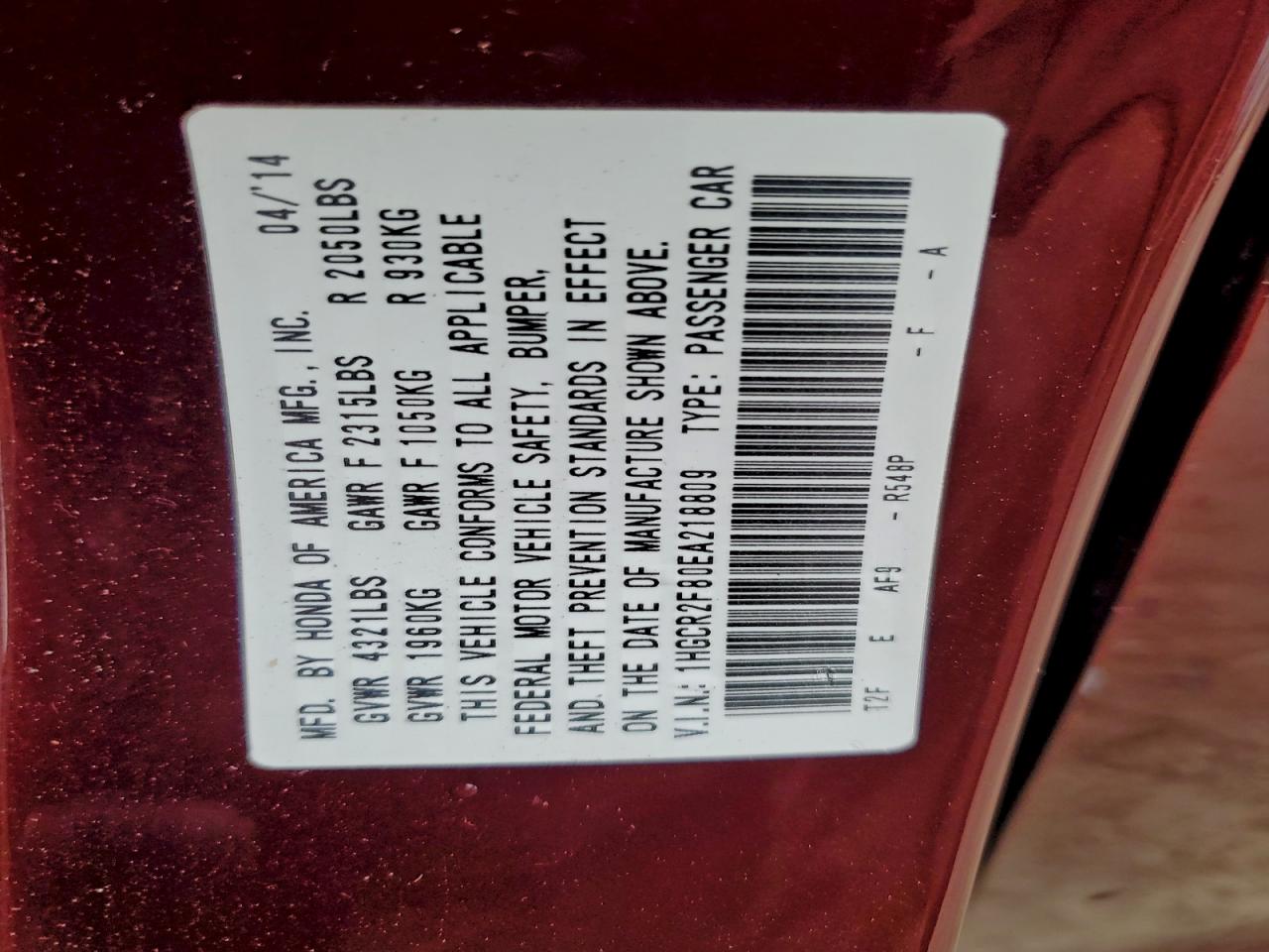 2014 Honda Accord Exl VIN: 1HGCR2F80EA218809 Lot: 94575345