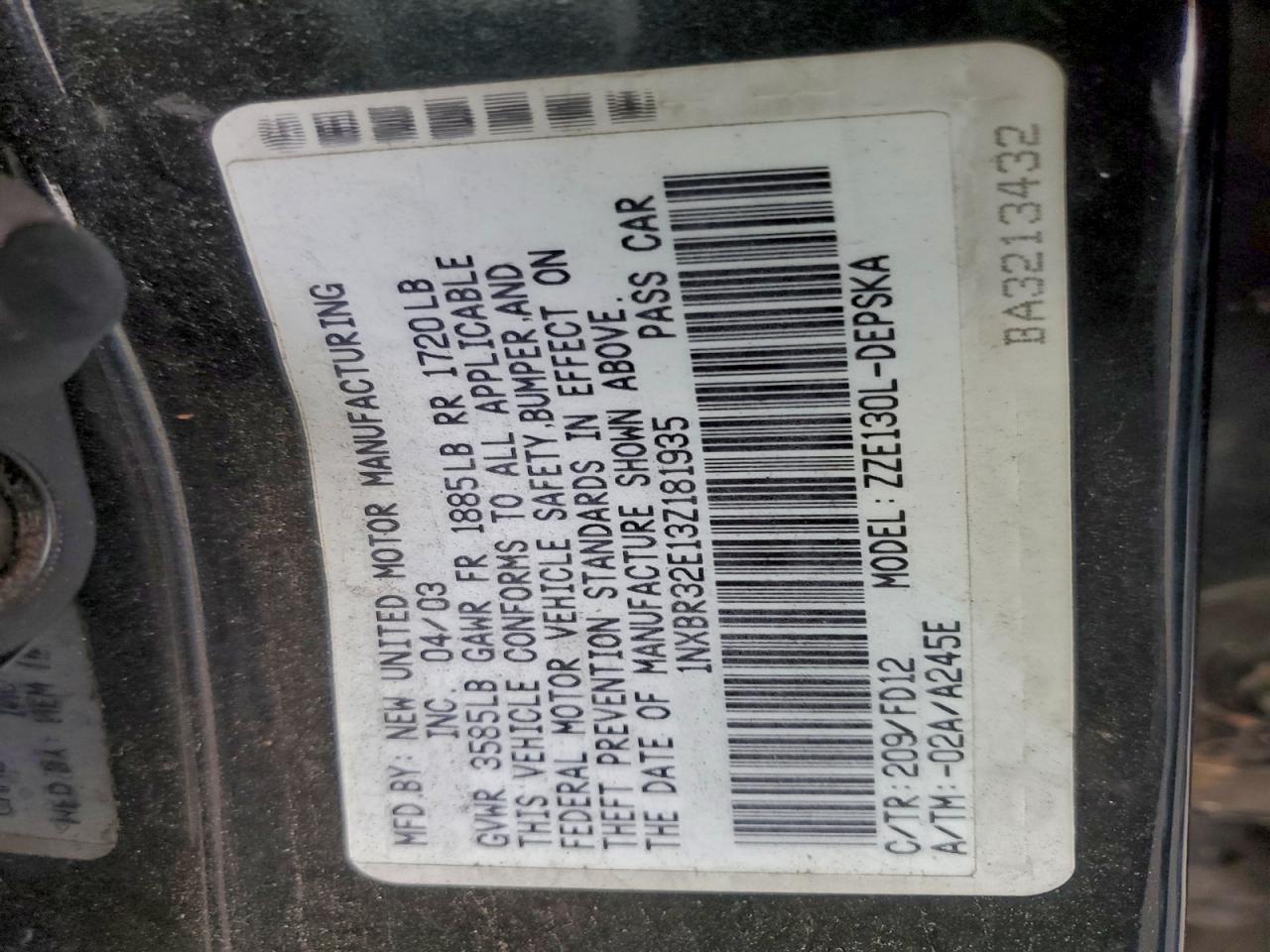 2003 Toyota Corolla Ce VIN: 1NXBR32E13Z181935 Lot: 96025955