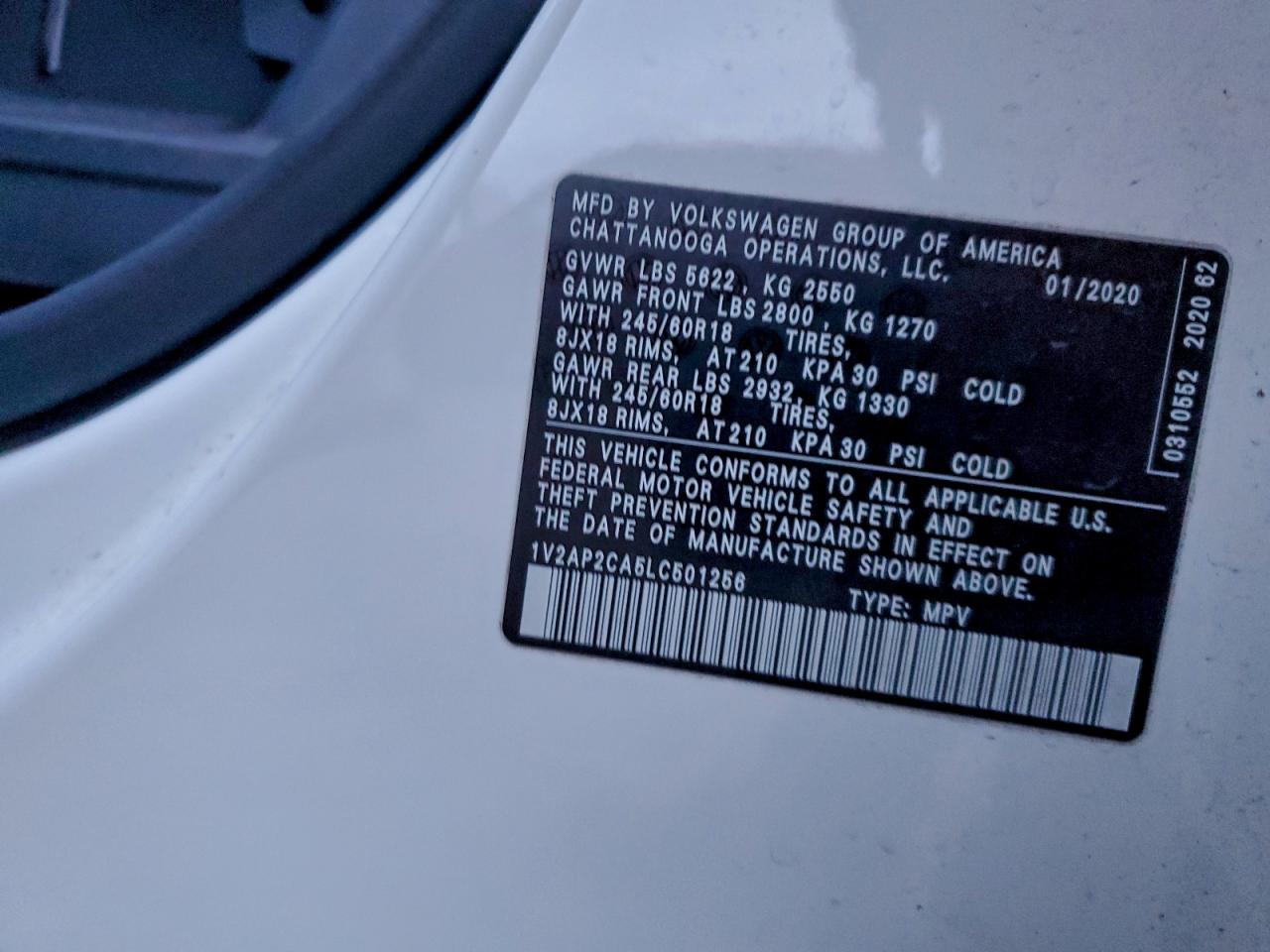 2020 Volkswagen Atlas S VIN: 1V2AP2CA5LC501256 Lot: 93787495