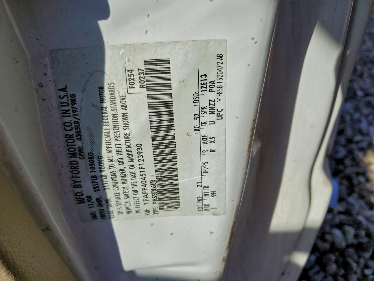 2001 Ford Mustang VIN: 1FAFP40451F123930 Lot: 94325715