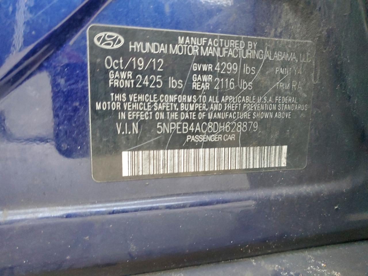 2013 Hyundai Sonata Gls VIN: 5NPEB4AC8DH628879 Lot: 97259195