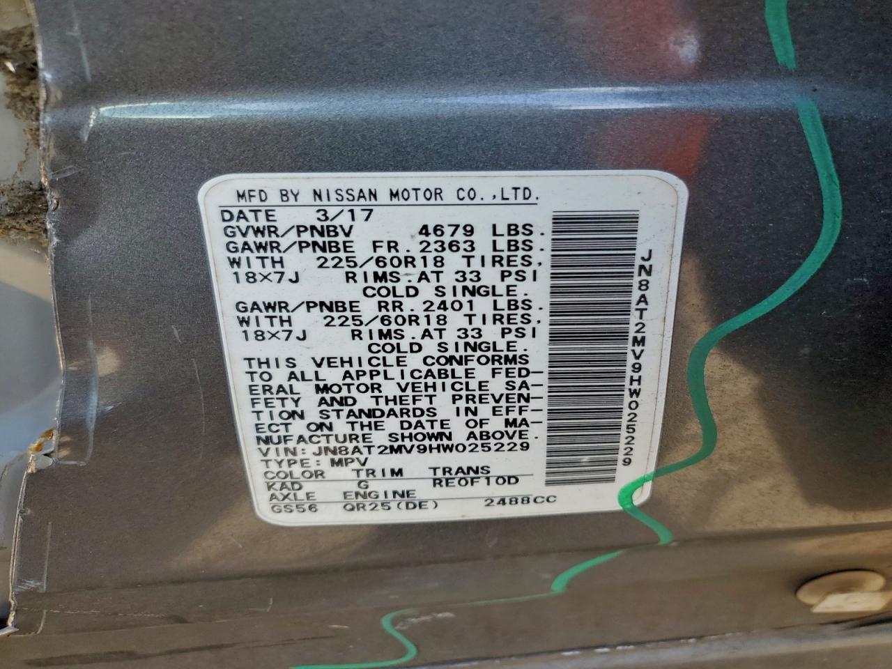 2017 Nissan Rogue S VIN: JN8AT2MV9HW025229 Lot: 95990665