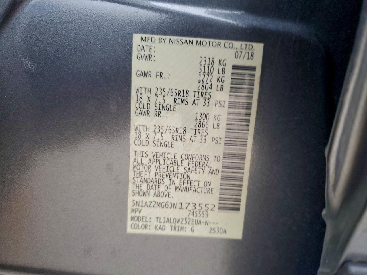 2018 Nissan Murano S VIN: 5N1AZ2MG6JN173552 Lot: 94990675