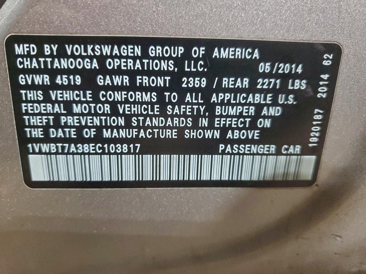 2014 Volkswagen Passat Se VIN: 1VWBT7A38EC103817 Lot: 95455655