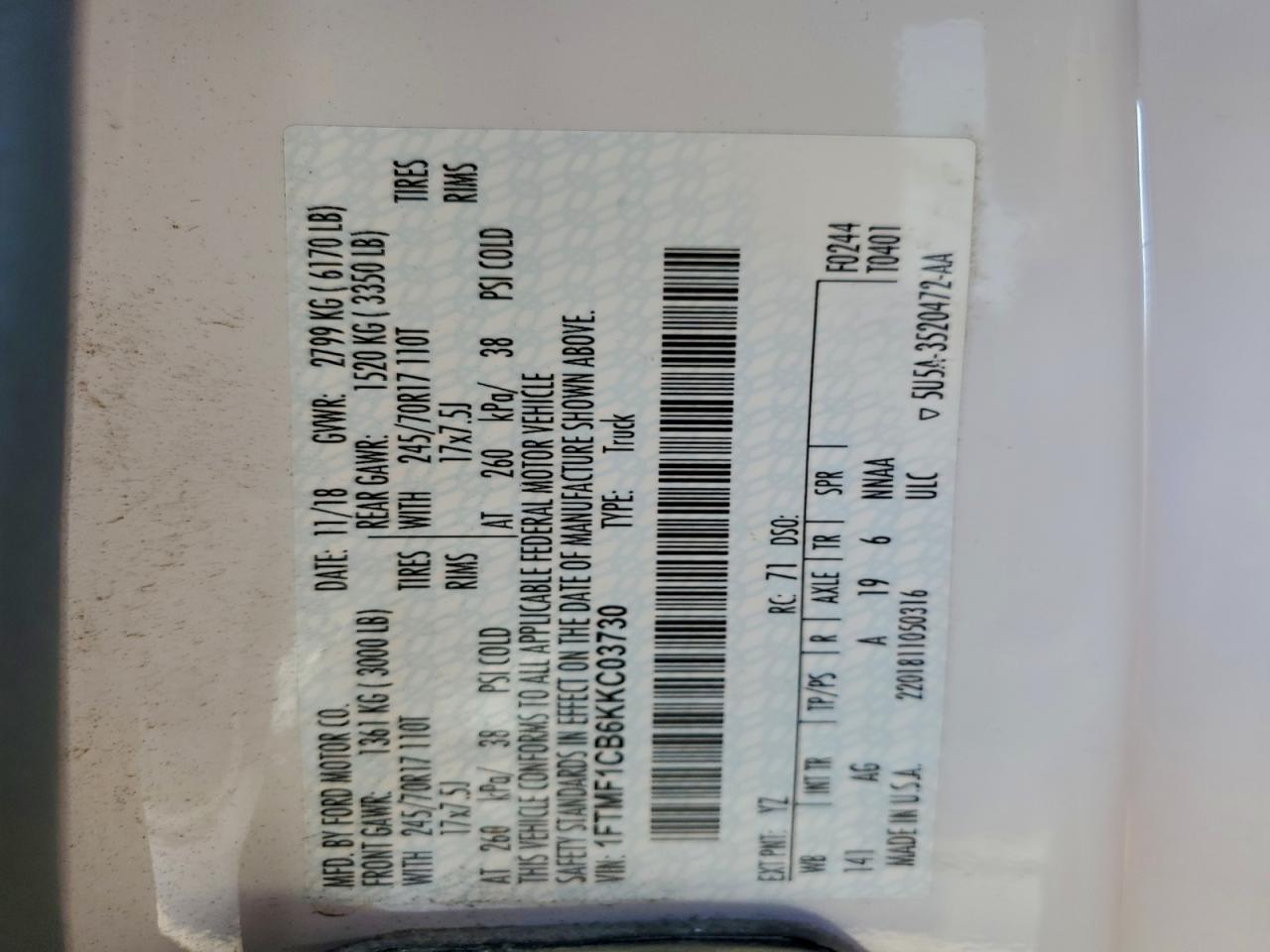 2019 Ford F150 VIN: 1FTMF1CB6KKC03730 Lot: 95558265