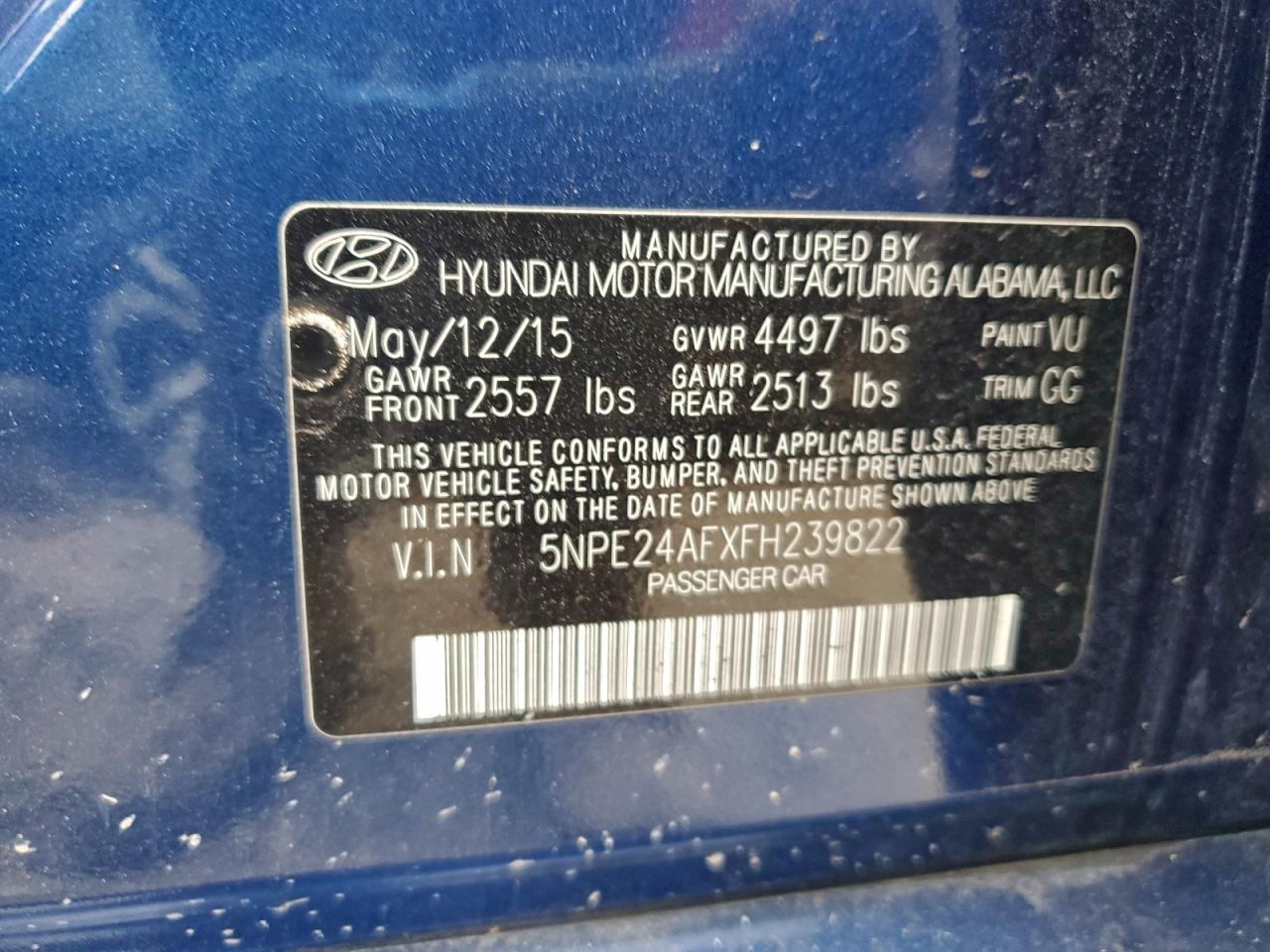 2015 Hyundai Sonata Se VIN: 5NPE24AFXFH239822 Lot: 97021255