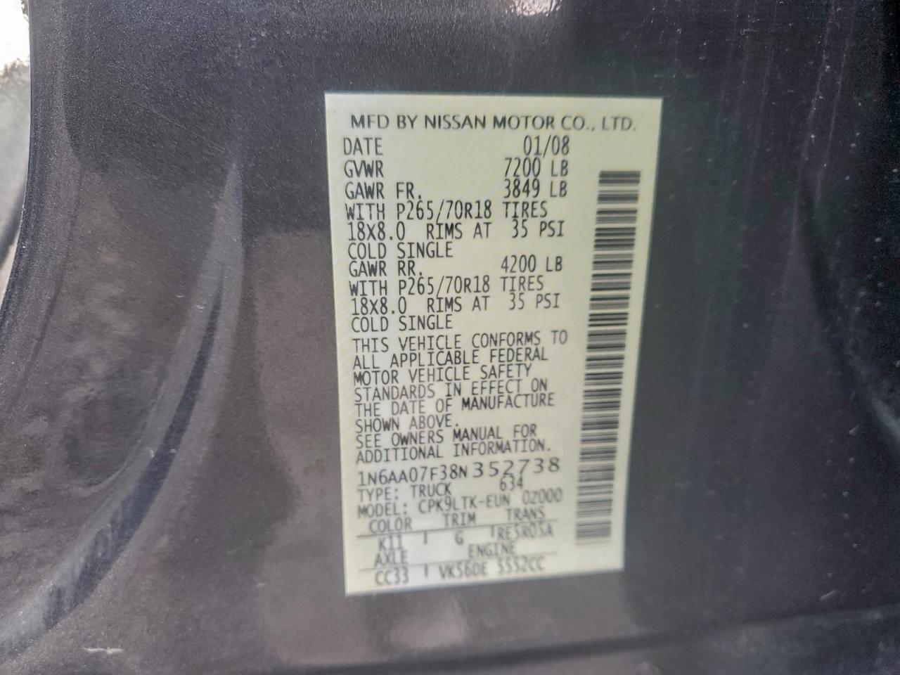 2008 Nissan Titan Xe VIN: 1N6AA07F38N352738 Lot: 95452255