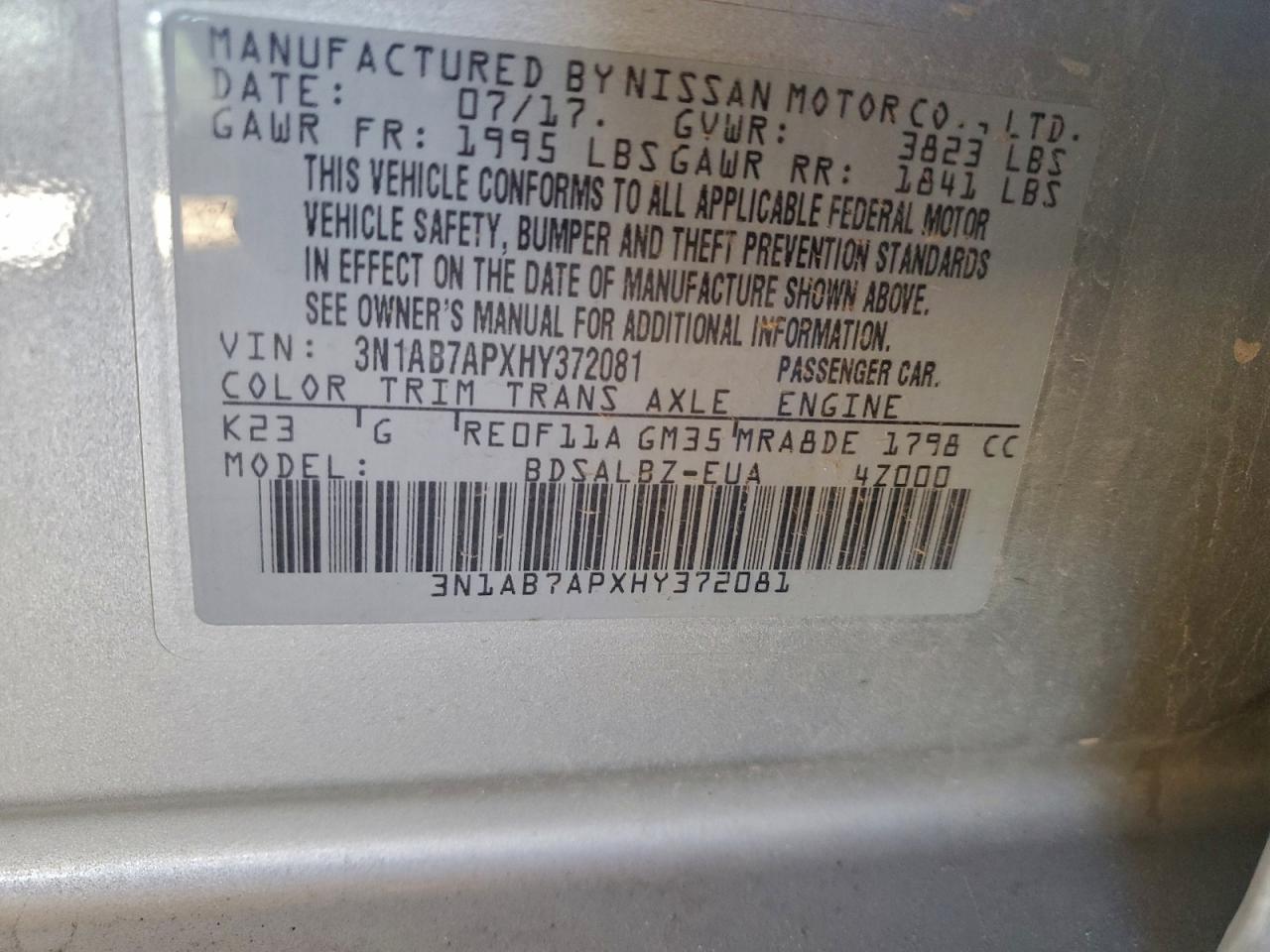 2017 Nissan Sentra S VIN: 3N1AB7APXHY372081 Lot: 96775055