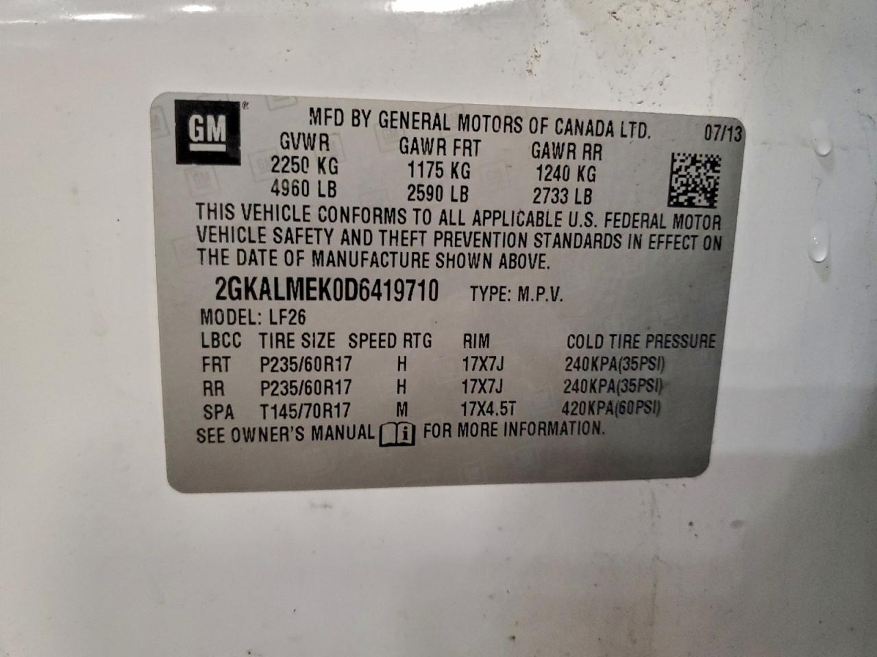 2013 GMC Terrain Sle VIN: 2GKALMEK0D6419710 Lot: 95948115