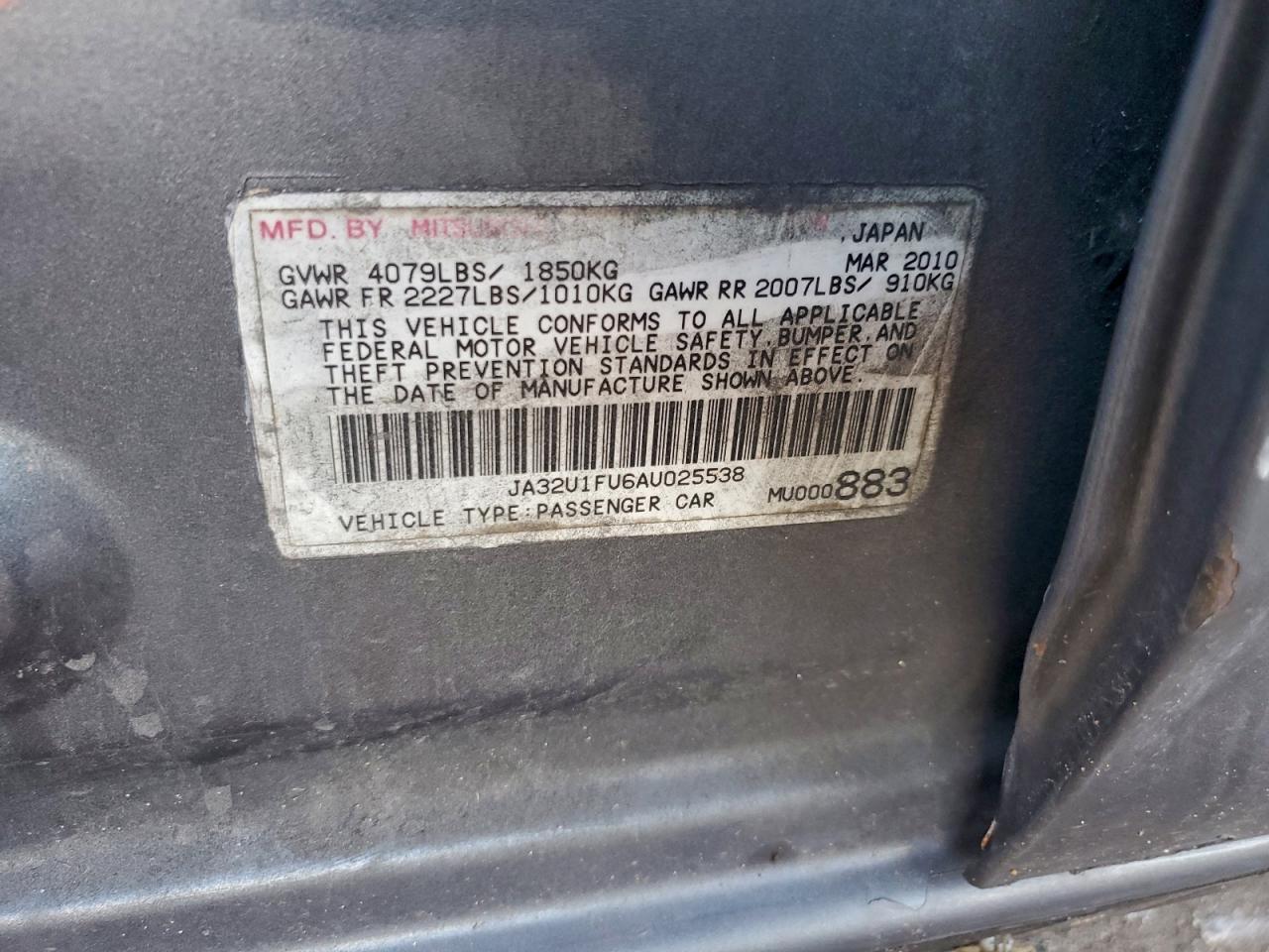 2010 Mitsubishi Lancer De VIN: JA32U1FU6AU025538 Lot: 95400415